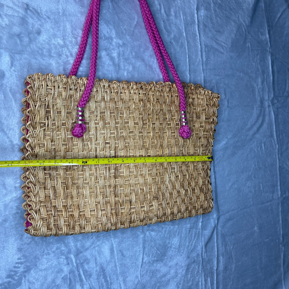 Vintage Magid Straw Wicker Woven Tote Bag Magenta Strap Beach Made in Italy - Picture 10 of 12